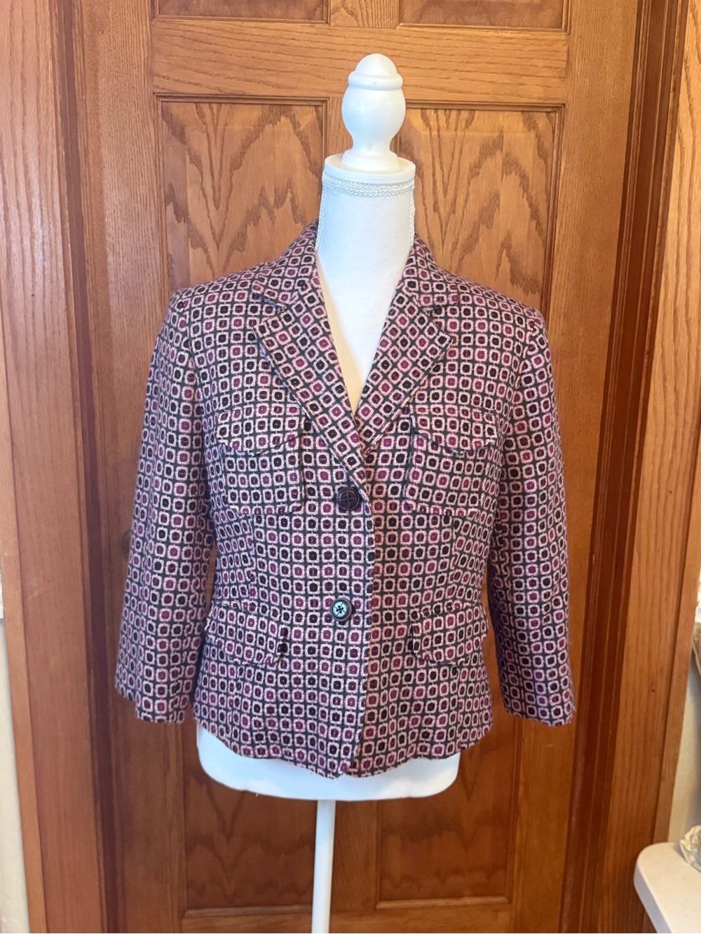 Worthington Petite 12P Pink Black Geo Print Button Blazer Jacket Textured